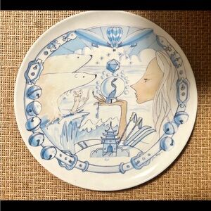 Wary Meyers Illustrated Art Plate • Blue & White Ceramic • Rare